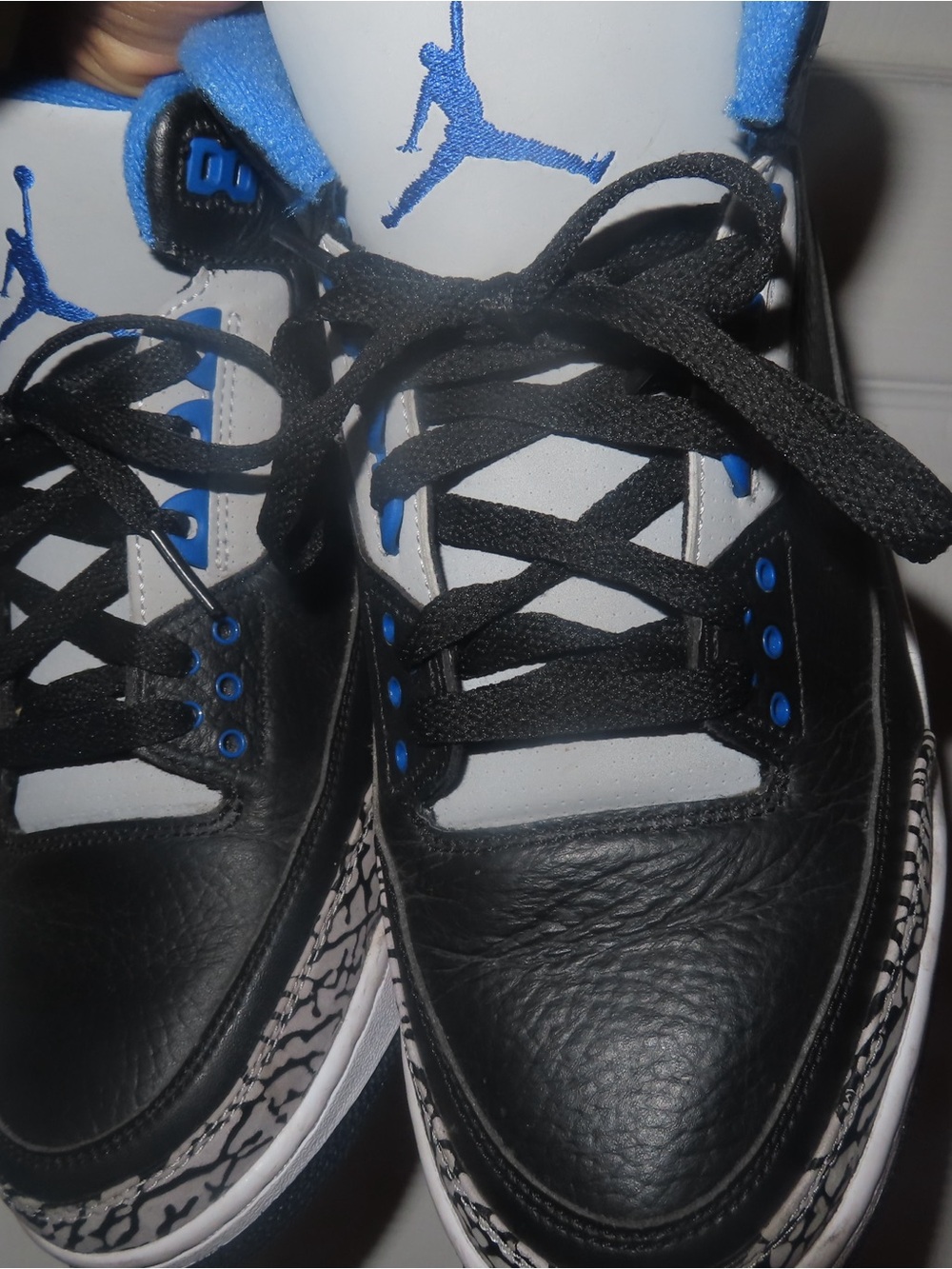Jordan Men’s Black White and Blue Leather Basketball Sneakers